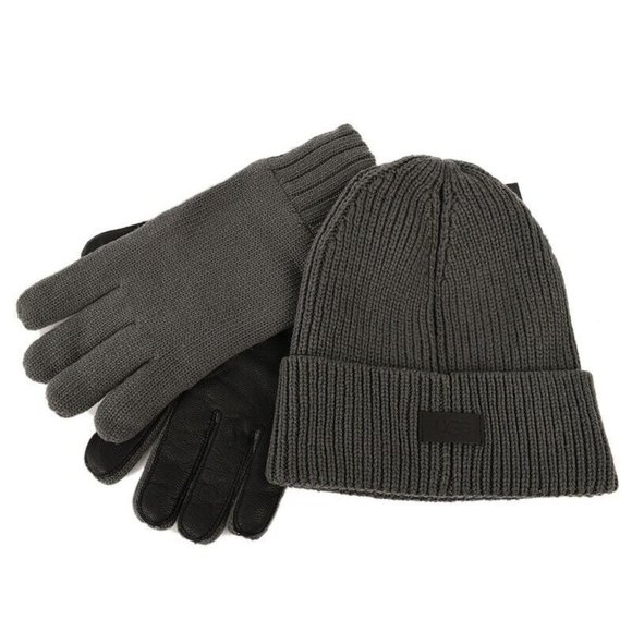 UGG Mens Gray Ribbed Knit Beanie Leather Palm Patch Tech Glove Set NWT - Picture 1 of 3